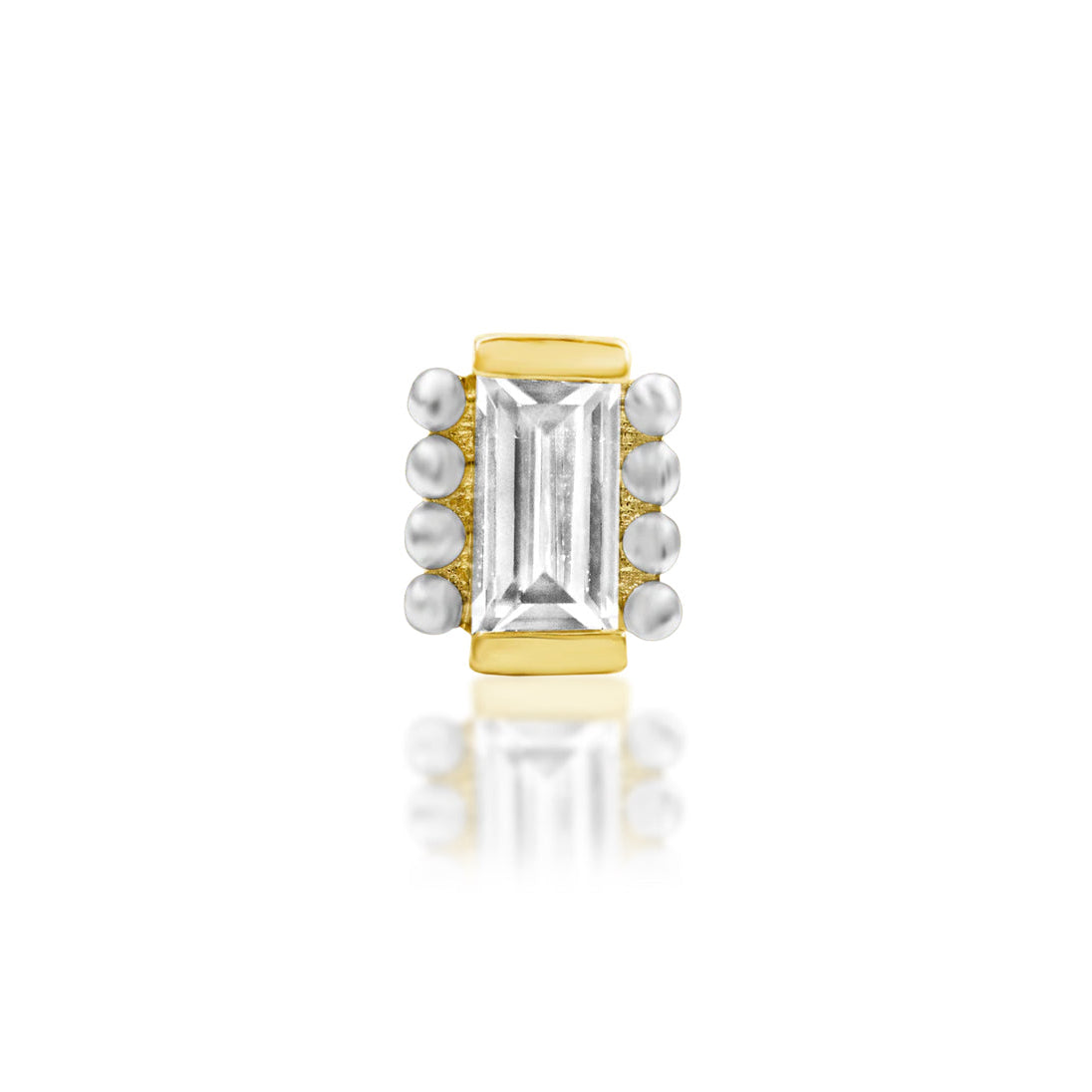     Junipurr René baguette CZ helix stud with a delicate beaded gold border