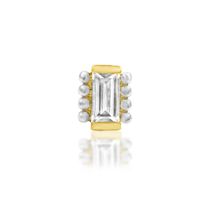     Junipurr René baguette CZ helix stud with a delicate beaded gold border