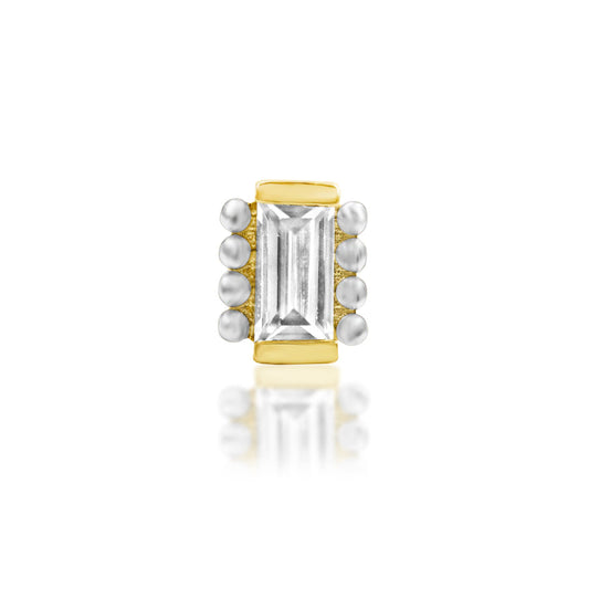     Junipurr René baguette CZ helix stud with a delicate beaded gold border