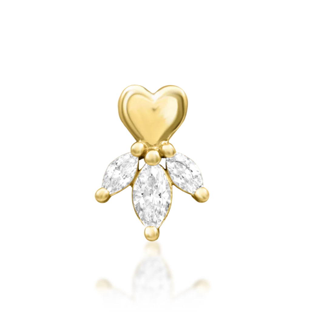 Junipurr Revive solid 14k gold heart-shaped threadless end with marquise-cut stone detailing, product view.