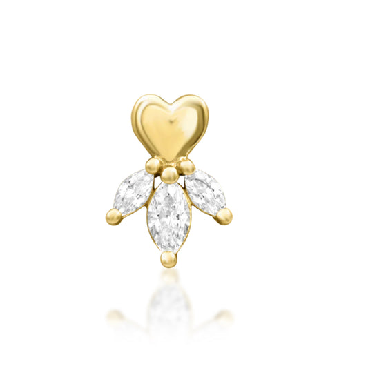 Junipurr Revive solid 14k gold heart-shaped threadless end with marquise-cut stone detailing, product view.