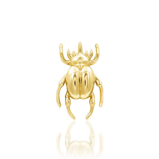 Junipurr Rhino Beetle solid 14k yellow gold threadless end with a sculpted beetle motif, front view.
