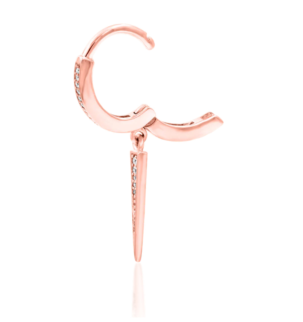 Junipurr Ria solid 14k gold White CZ spike dangle clicker ring, product view.
