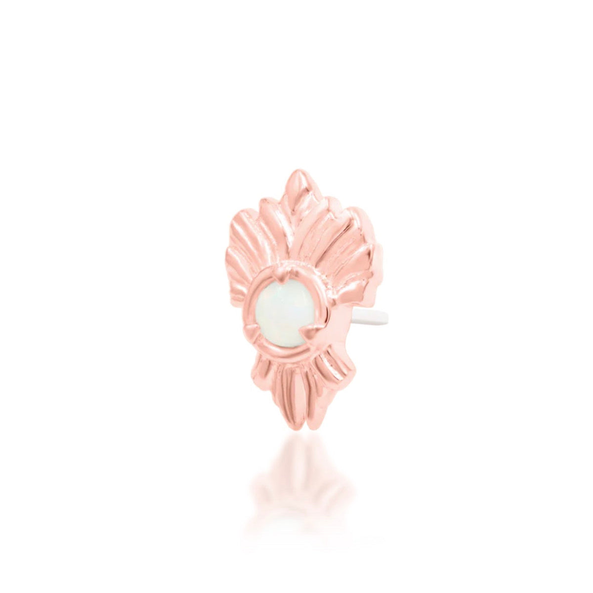 Junipurr River solid 14k rose gold opal threadless end with a flowing organic curve, angled view.