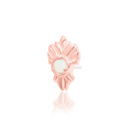 Junipurr River solid 14k rose gold opal threadless end with a flowing organic curve, angled view.