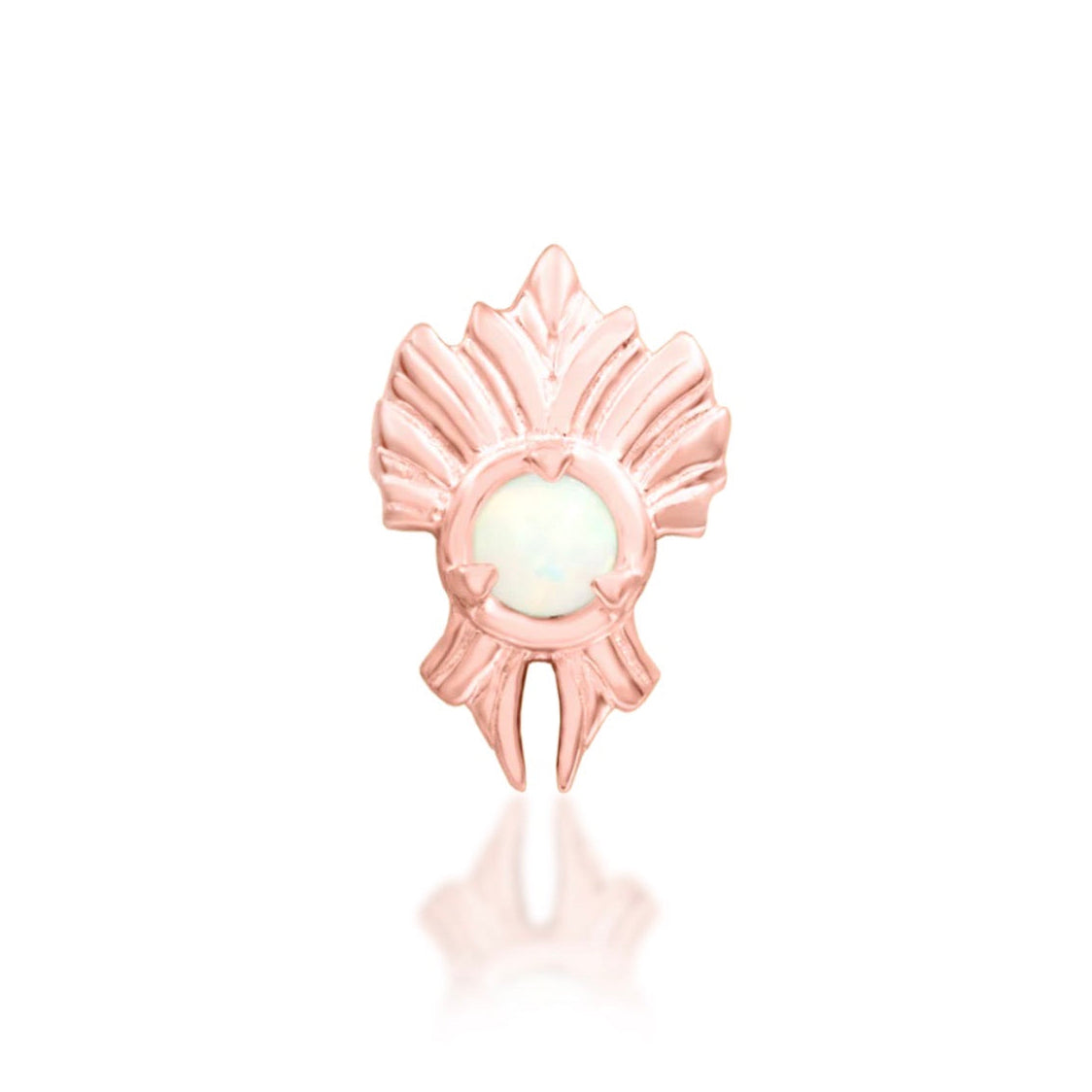 Junipurr River solid 14k rose gold threadless end with a 2mm opal and flowing sculptural profile, front view.