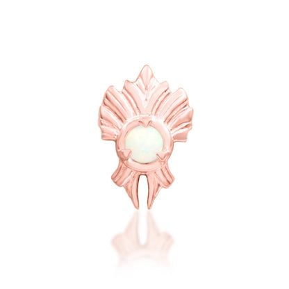 Junipurr River solid 14k rose gold threadless end with a 2mm opal and flowing sculptural profile, front view.