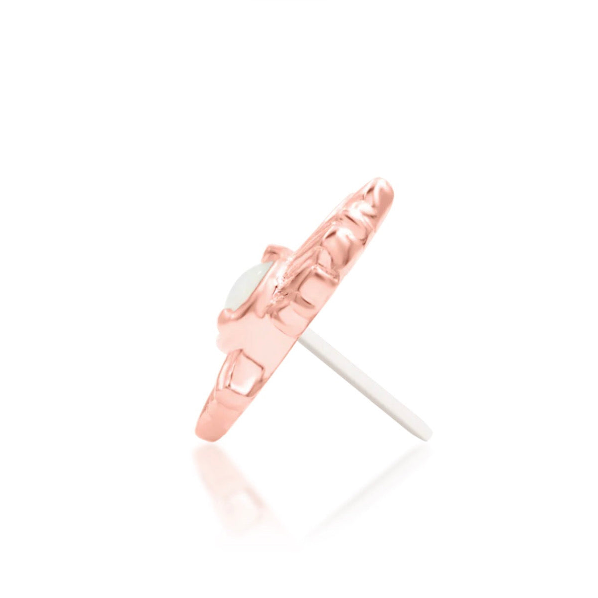 Junipurr River solid 14k rose gold opal threadless end, side profile.
