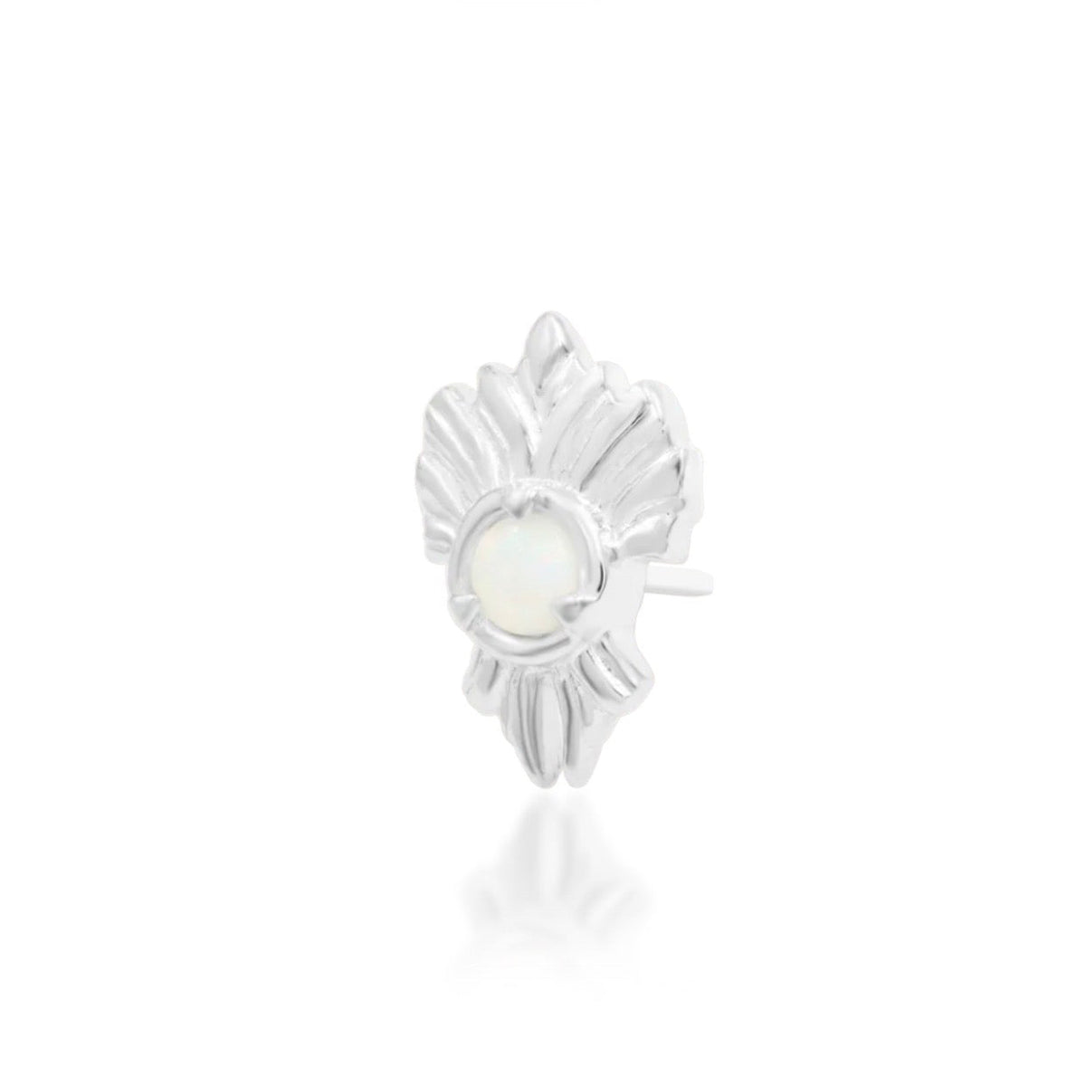 Junipurr River solid 14k white gold opal threadless end with a flowing organic curve, angled view.