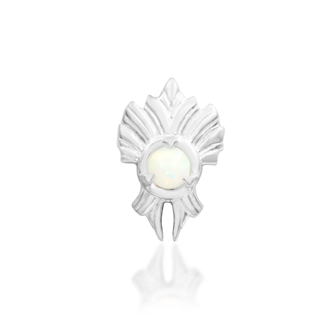 Junipurr River solid 14k white gold threadless end with a 2mm opal and flowing sculptural profile, front view.