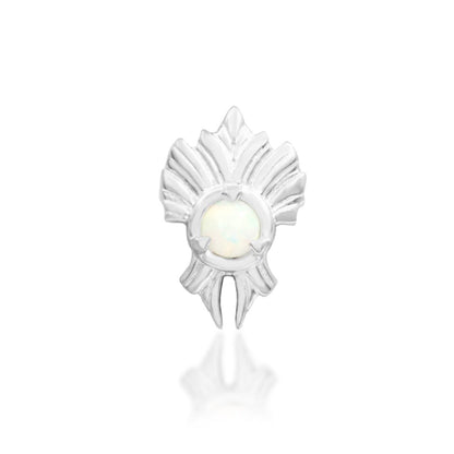 Junipurr River solid 14k white gold threadless end with a 2mm opal and flowing sculptural profile, front view.