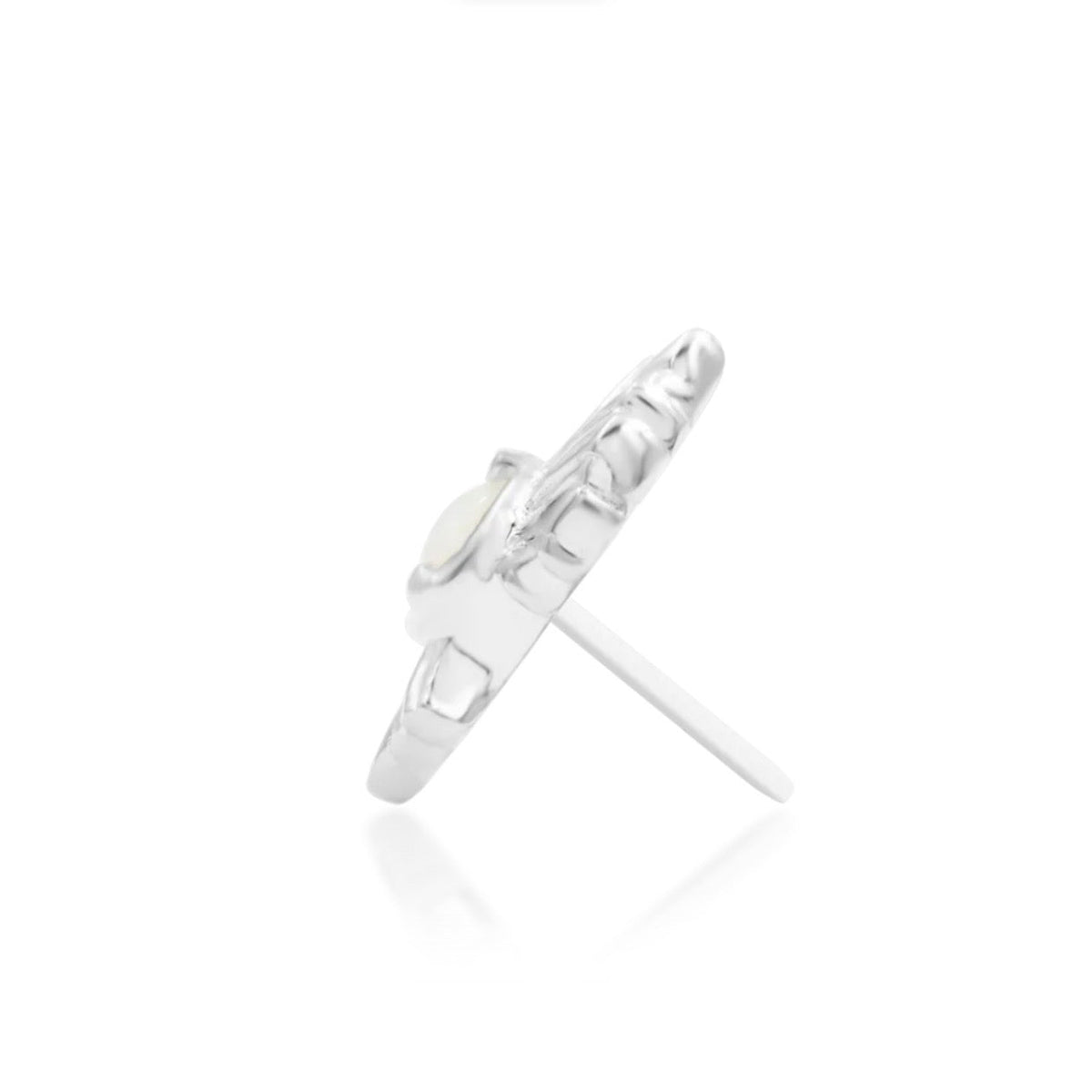 Junipurr River solid 14k white gold opal threadless end, side profile.