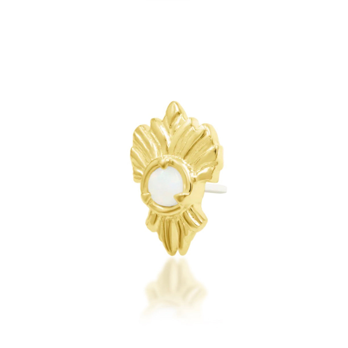 Junipurr River solid 14k yellow gold opal threadless end with a flowing organic curve, angled view.