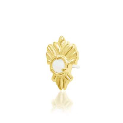 Junipurr River solid 14k yellow gold opal threadless end with a flowing organic curve, angled view.