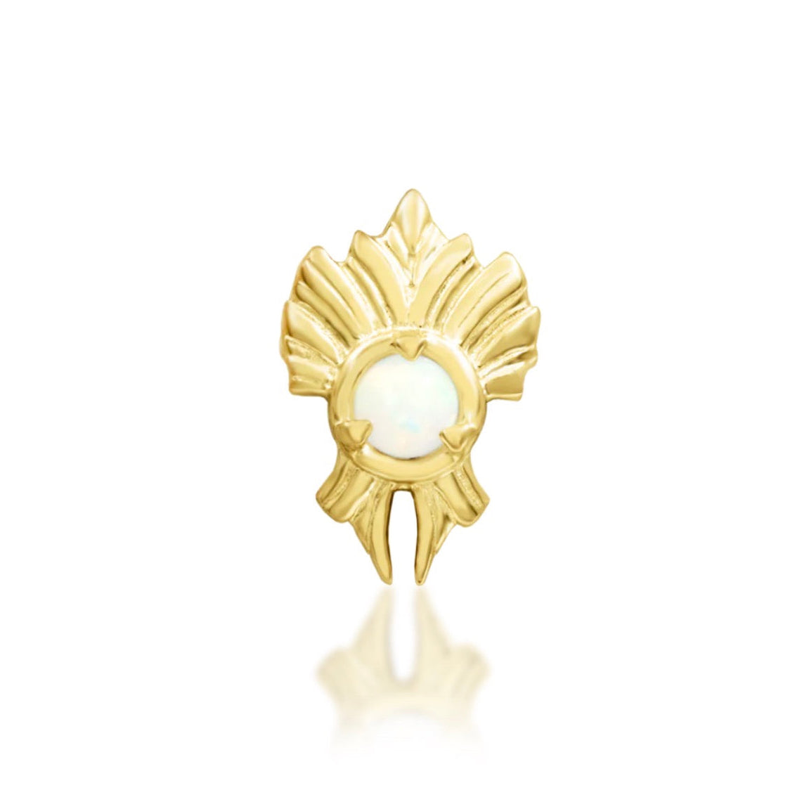 Junipurr River solid 14k yellow gold threadless end with a 2mm opal and flowing sculptural profile, front view.