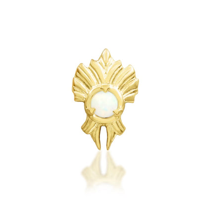 Junipurr River solid 14k yellow gold threadless end with a 2mm opal and flowing sculptural profile, front view.