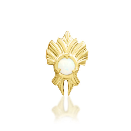 Junipurr River solid 14k yellow gold threadless end with a 2mm opal and flowing sculptural profile, front view.