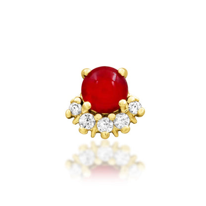 Junipurr Rolina solid 14k yellow gold threadless end with a 3mm Carnelian and CZ halo, front view.