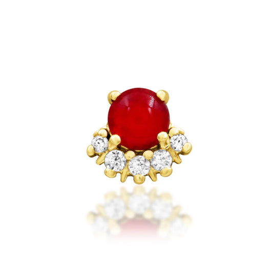 Junipurr Rolina solid 14k yellow gold threadless end with a 3mm Carnelian and CZ halo, front view.