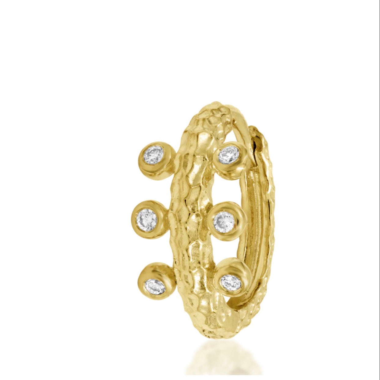 Junipurr Rora hoop in solid 14k yellow gold with a richly textured band and six cubic zirconia stones.