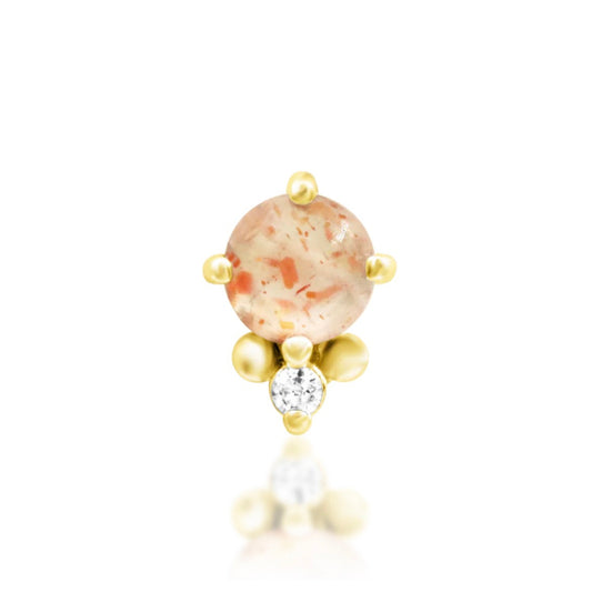 Junipurr Rosalind solid 14k yellow gold threadless end with a 3mm Sunstone and 1mm White CZ accent, front view.