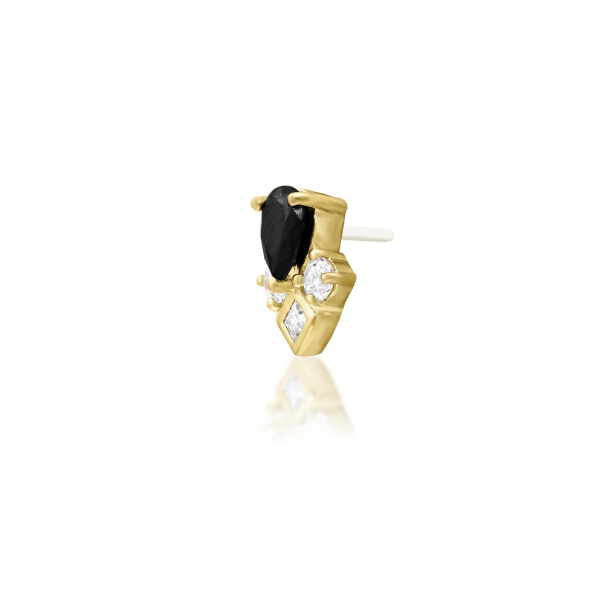 Junipurr Roxyn black and white cubic zirconia threadless end in 14k yellow gold, angled view