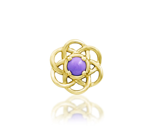 Junipurr Rue solid 14k gold threadless decorative end with Purple Turquoise, product view.