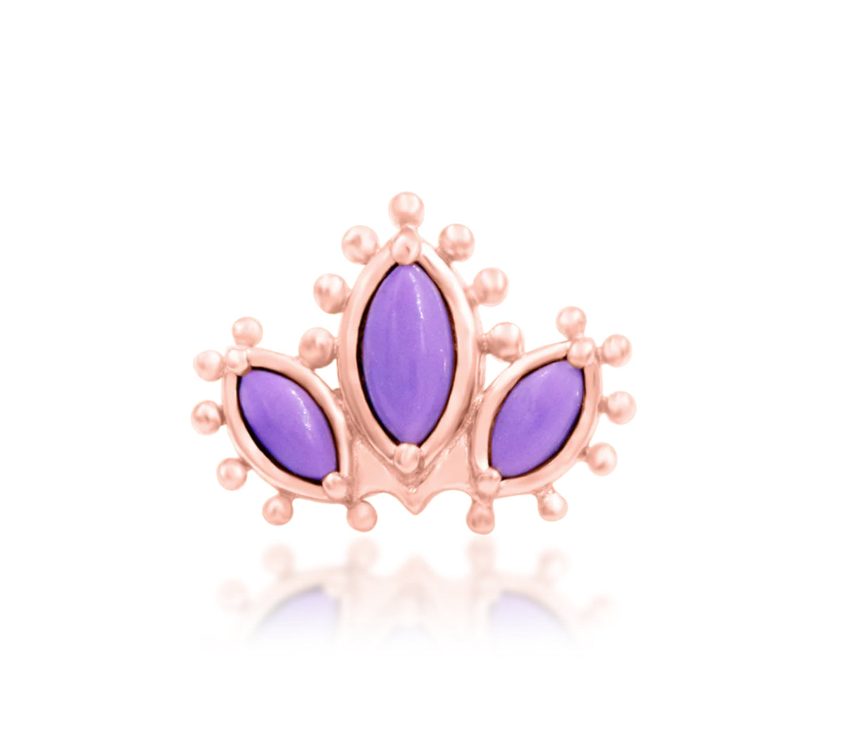 Junipurr Rumi solid 14k rose gold curved helix end with three oval purple turquoise stones, front product view.