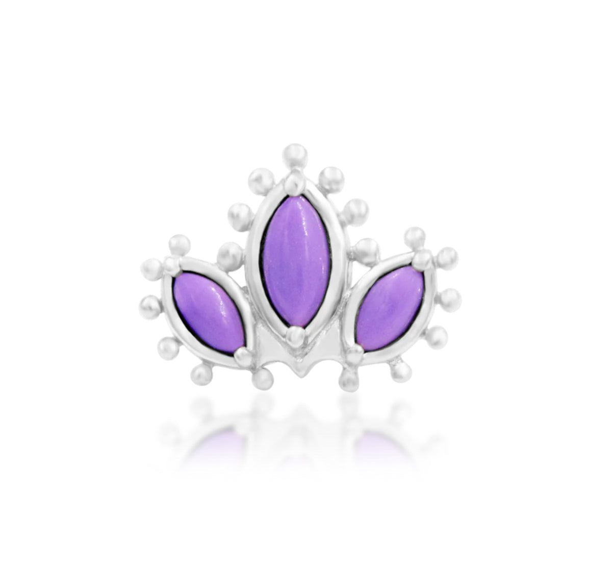 Junipurr Rumi solid 14k white gold curved helix end with three oval purple turquoise stones, front product view.