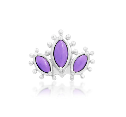 Junipurr Rumi solid 14k white gold curved helix end with three oval purple turquoise stones, front product view.