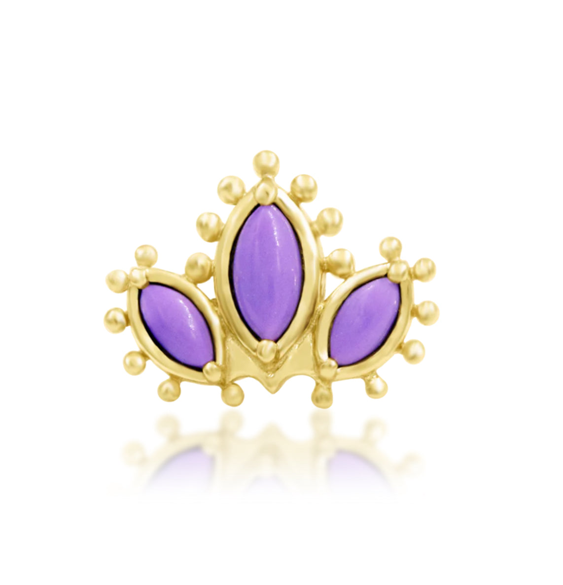 Junipurr Rumi solid 14k yellow gold curved helix end with three oval purple turquoise stones, front product view.