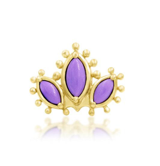 Junipurr Rumi solid 14k yellow gold curved helix end with three oval purple turquoise stones, front product view.