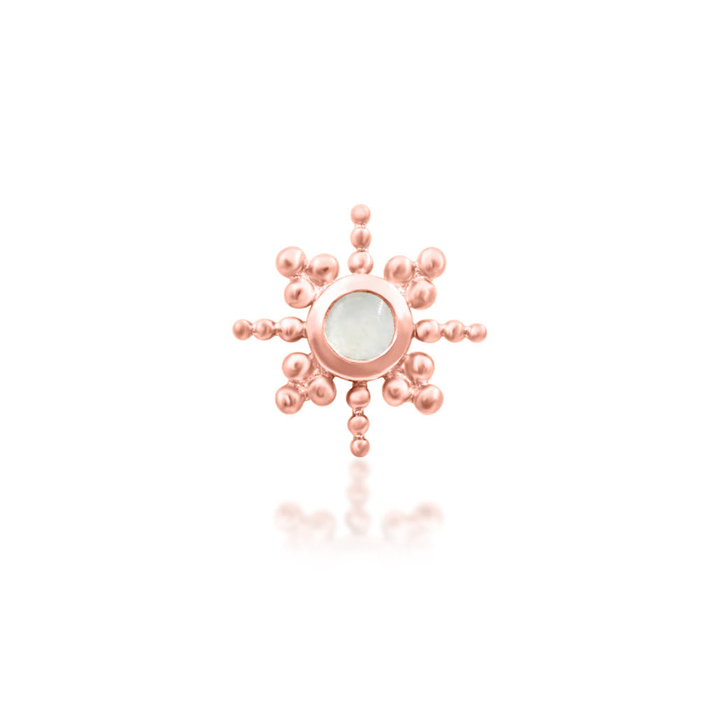Junipurr Ruth solid 14k rose gold star earring with a softly luminous moonstone