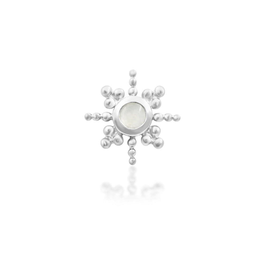 Junipurr Ruth white gold celestial earring featuring a luminous central moonstone