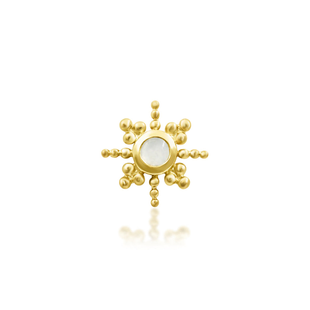 Junipurr Ruth solid 14k yellow gold star earring with a central moonstone and delicate beadwork