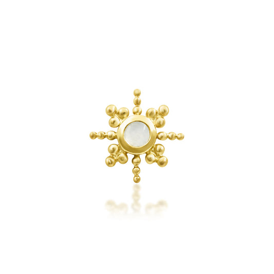 Junipurr Ruth solid 14k yellow gold star earring with a central moonstone and delicate beadwork