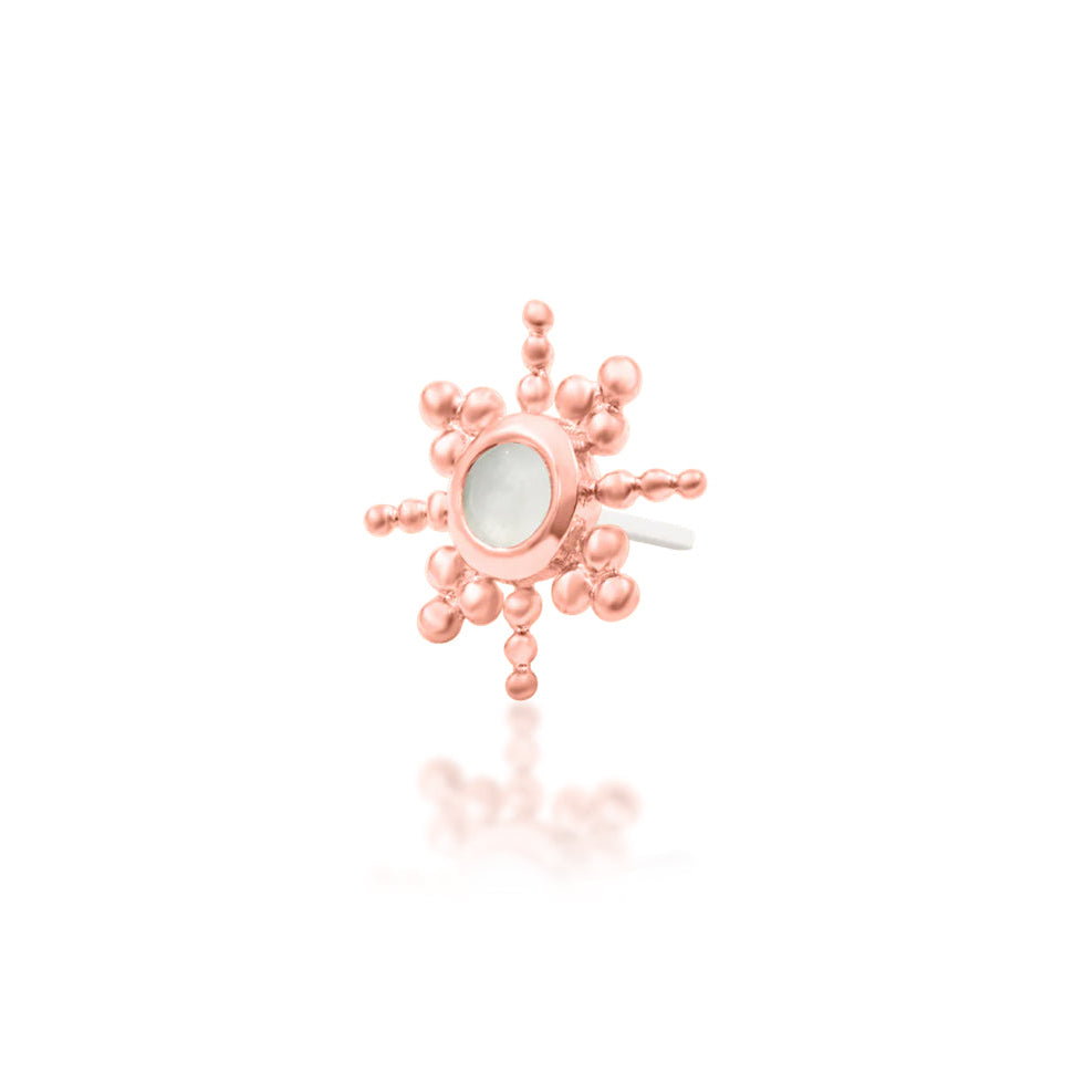 Junipurr Ruth solid 14k rose gold moonstone star threadless end, angled view.