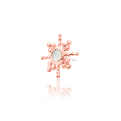 Junipurr Ruth solid 14k rose gold moonstone star threadless end, angled view.