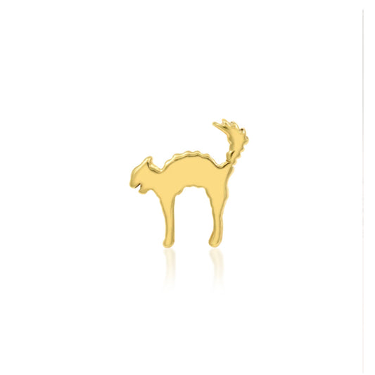Junipurr Scaredy Cat solid 14k yellow gold threadless end with a polished cat silhouette, front view.