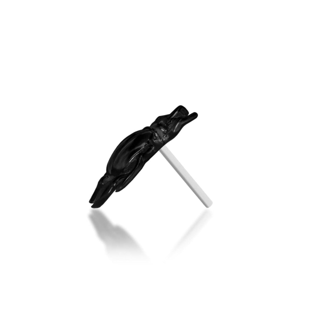 Junipurr Scene Rhino Beetle solid 14k gold black-rhodium beetle threadless end, side profile.