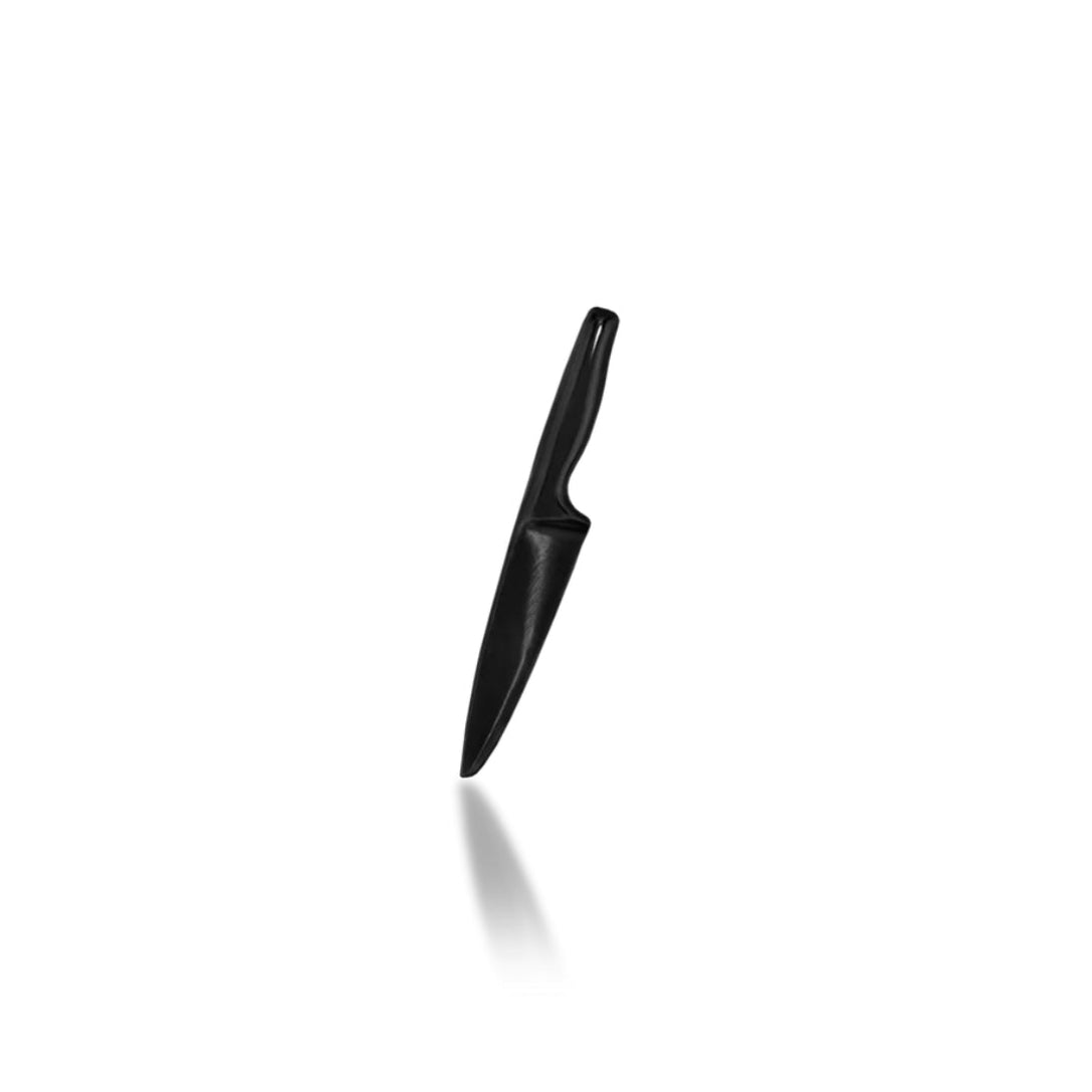 Junipurr Scene Shelly D solid 14k gold black-rhodium elongated threadless end, front view.