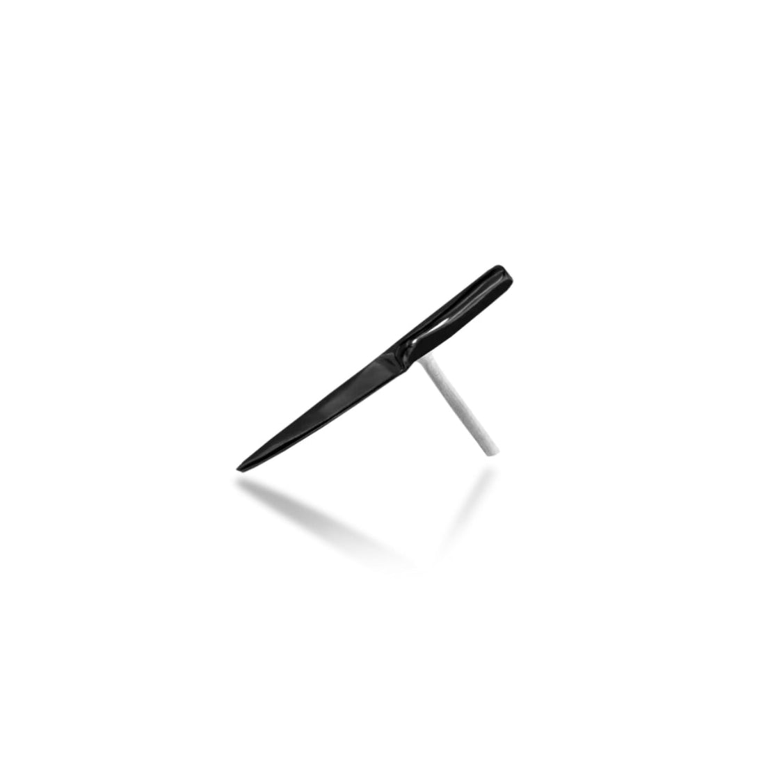 Junipurr Scene Shelly D solid 14k gold black-rhodium elongated threadless end, side profile.