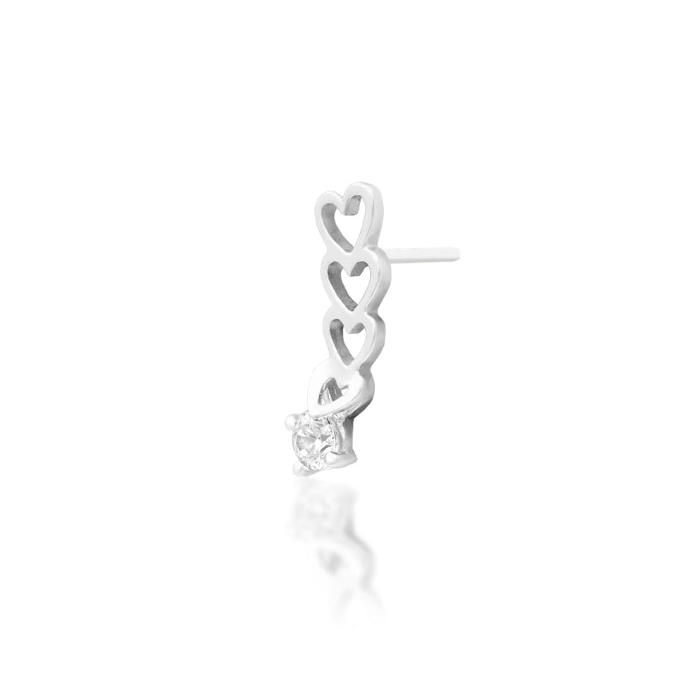 Junipurr Sending Love solid 14k white gold heart threadless end with White CZ, angled view.