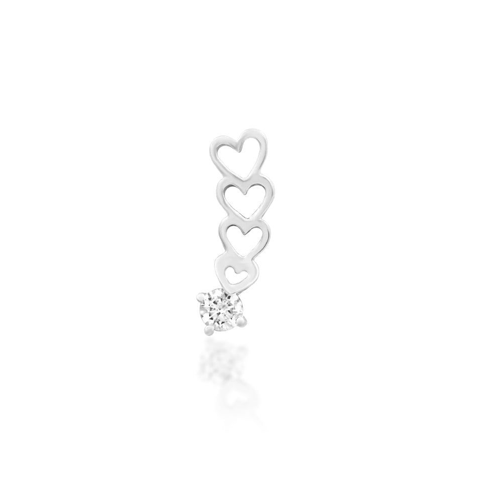 Junipurr Sending Love solid 14k white gold heart threadless end with White CZ, front view.