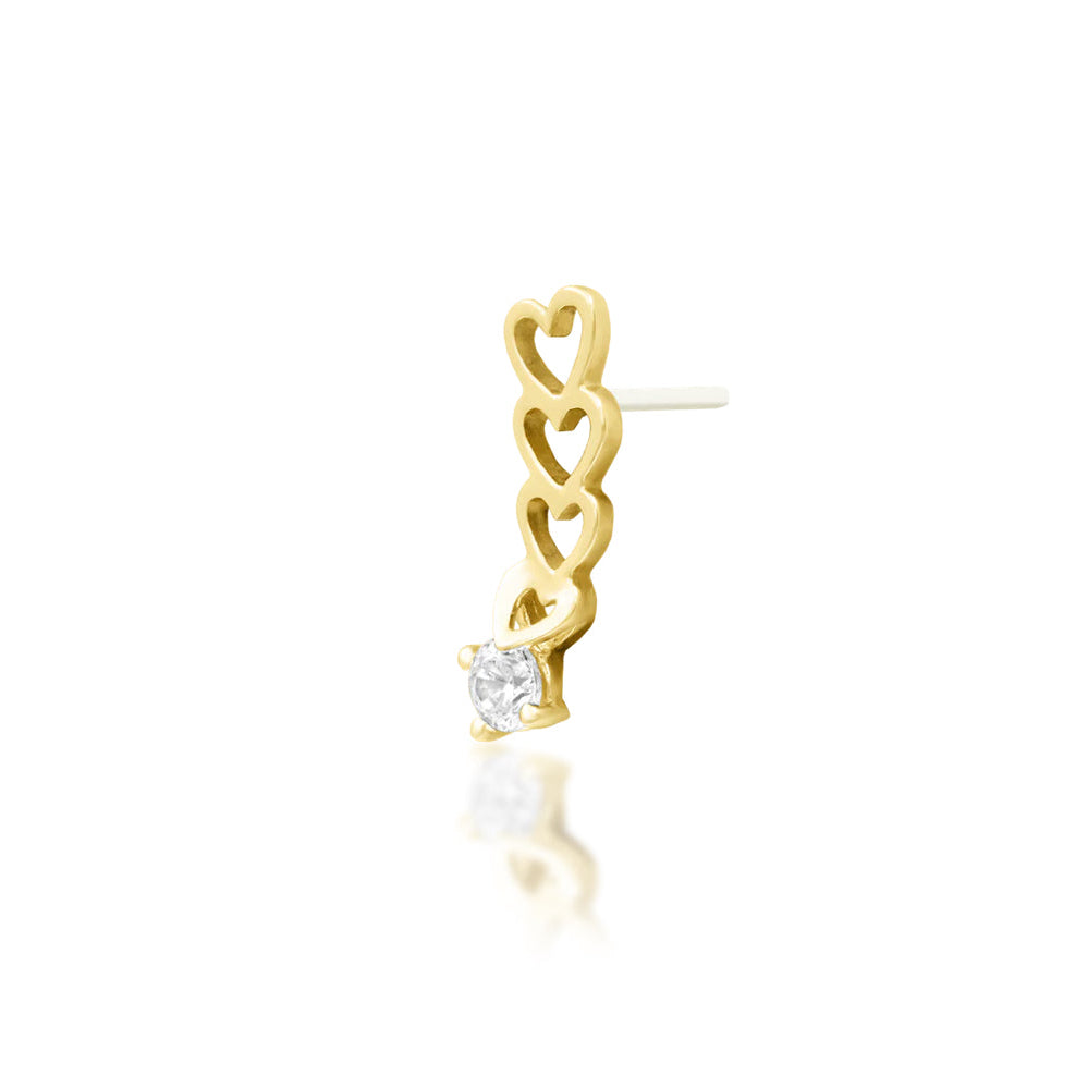 Junipurr Sending Love solid 14k yellow gold heart threadless end with White CZ, angled view.