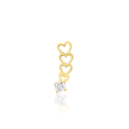 Junipurr Sending Love solid 14k yellow gold heart threadless end with White CZ, front view.