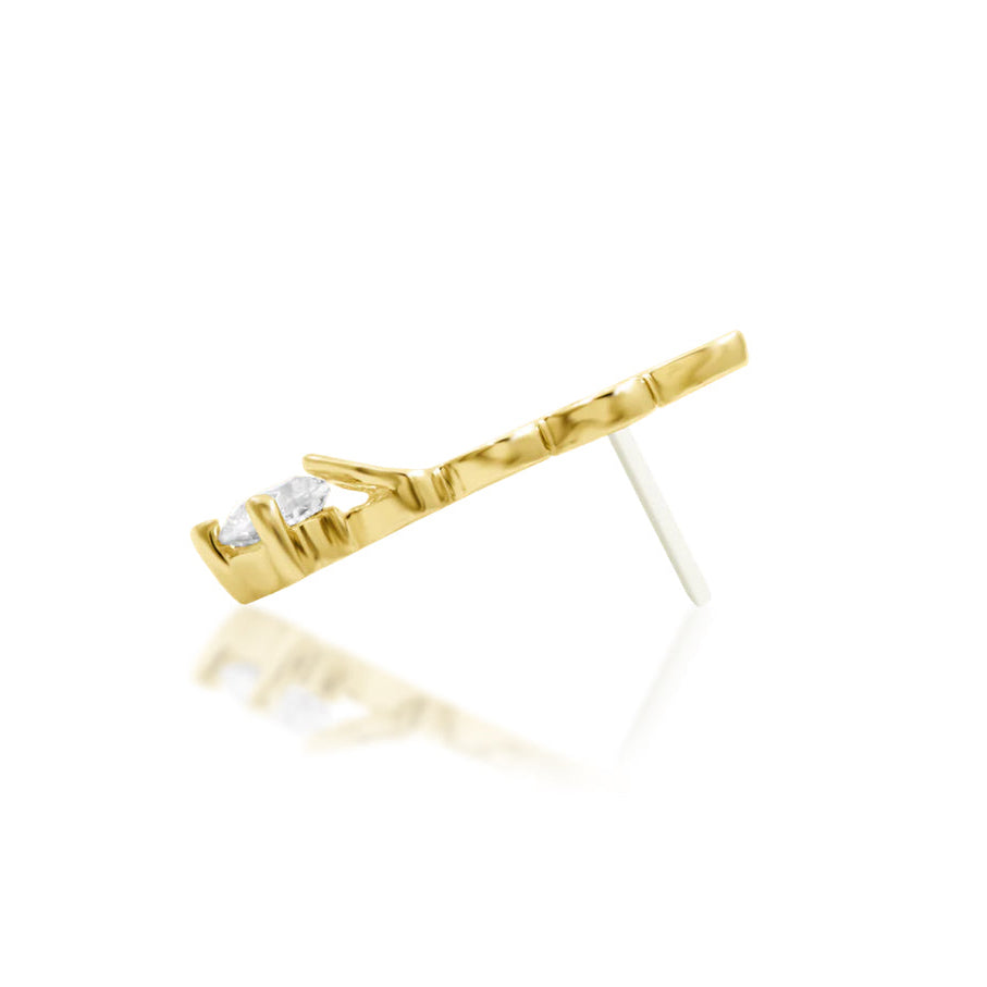 Junipurr Sending Love solid 14k yellow gold heart threadless end with White CZ, side profile.