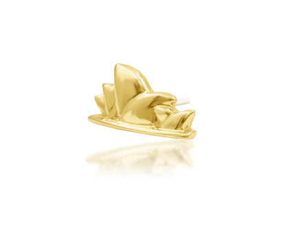 Junipurr Showtime solid 14k yellow gold threadless end, angled view.