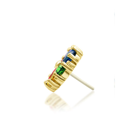 Junipurr Silvester Rainbow CZ three-stone decorative end in solid 14k gold, product view.