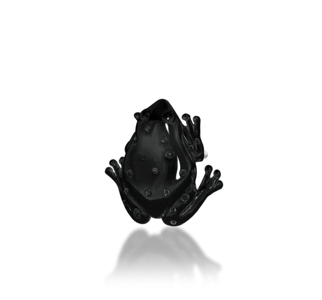 Junipurr Sir Hops solid 14k gold black-rhodium frog threadless decorative end, product view.